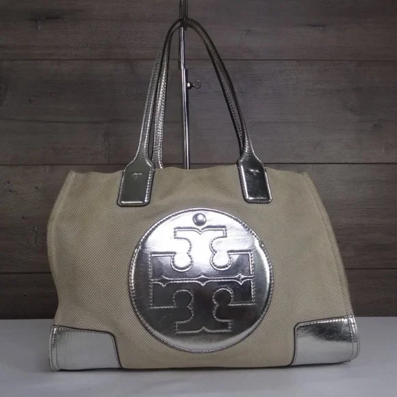Tory Burch Small Ella Natural Canvas Silver Leather Trim Tote Bag Purse - Picture 1 of 8